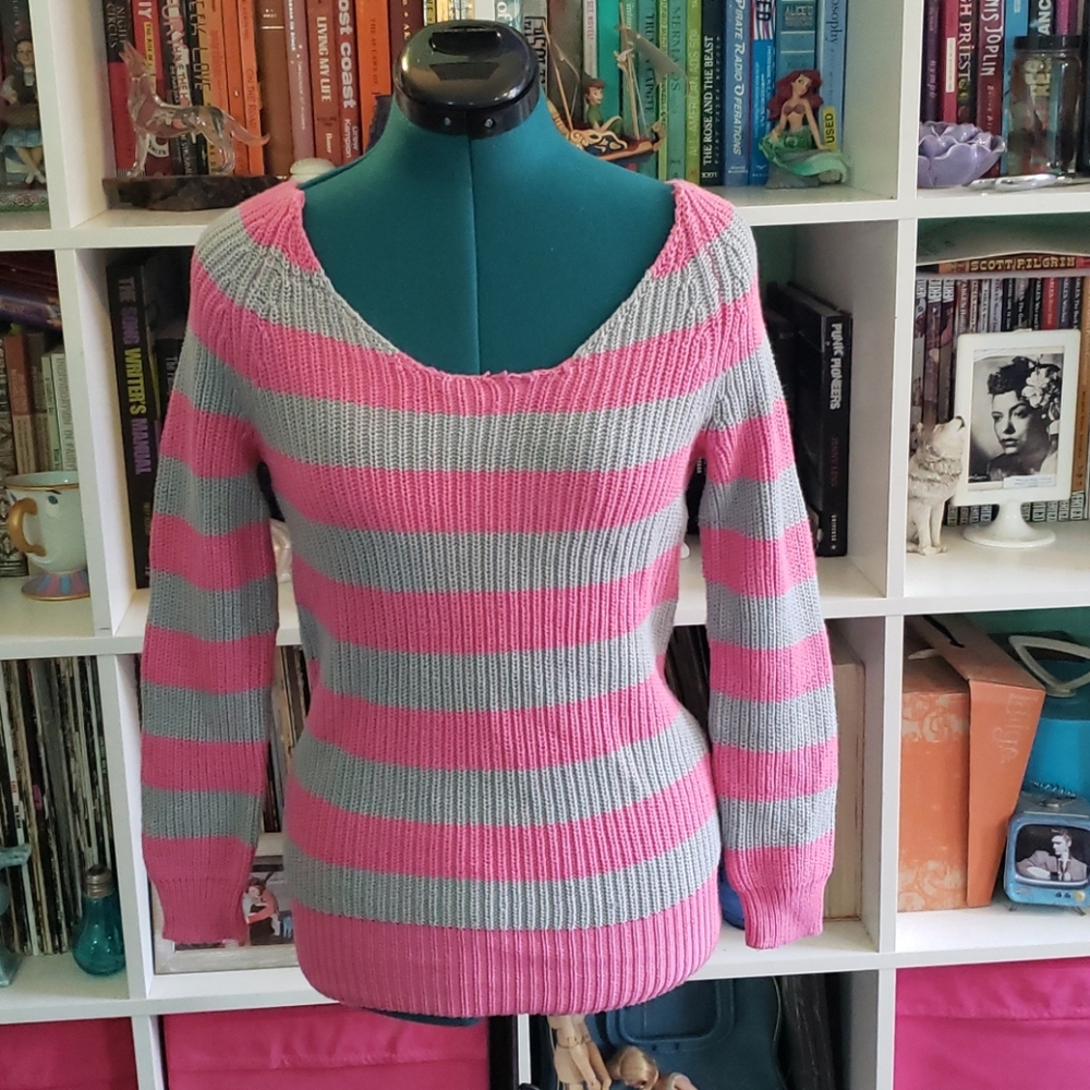 Pink and grey striped sweater